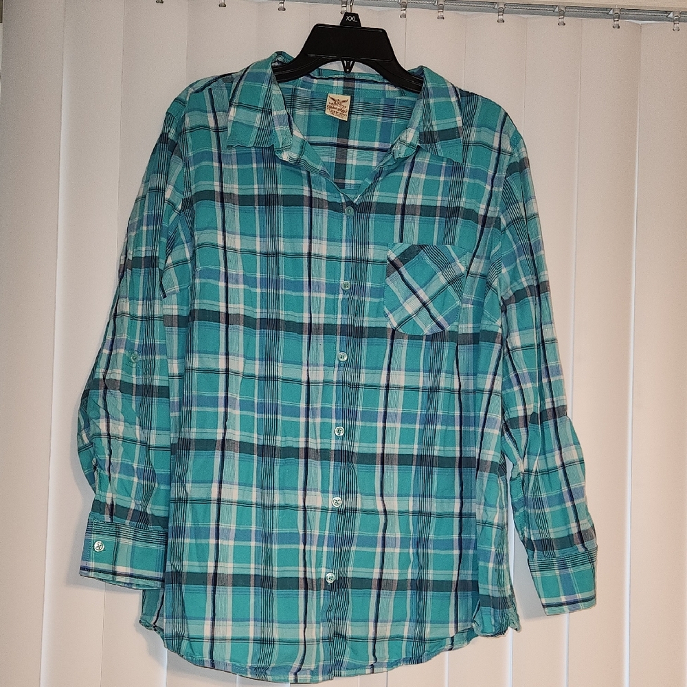 Faded Glory Teal and Navy Plaid Shirt